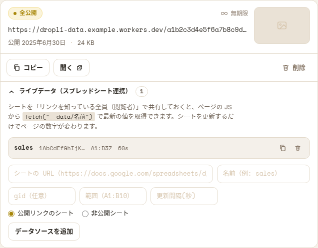 Dropli 管理画面のライブデータパネル。登録済みデータソースの一覧と、シート URL・名前・gid・範囲・更新間隔の入力フォーム、公開リンク／非公開シートの選択がある